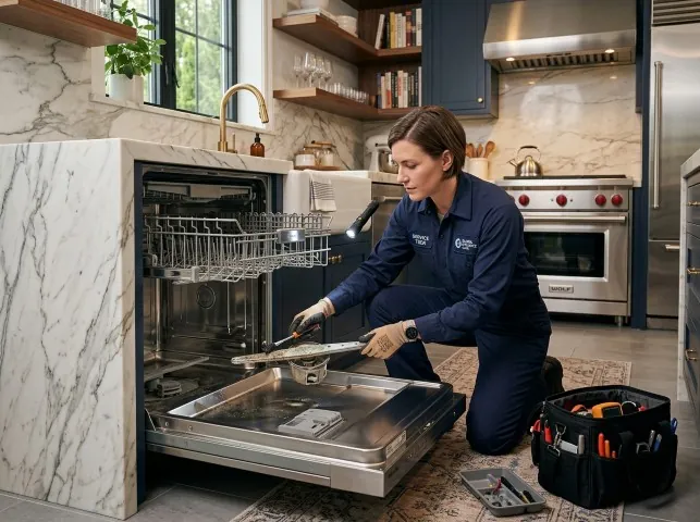 Appliance Repair Hero technician servicing a built-in dishwasher in a Boca Raton, FL kitchen