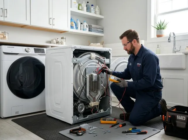 Appliance Repair Hero technician checking a dryer heating element with the rear panel off in Boca Raton, FL