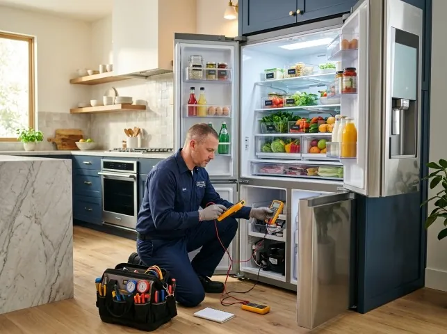 Appliance Repair Hero refrigerator technician testing a fridge on a Boca Raton, FL service call