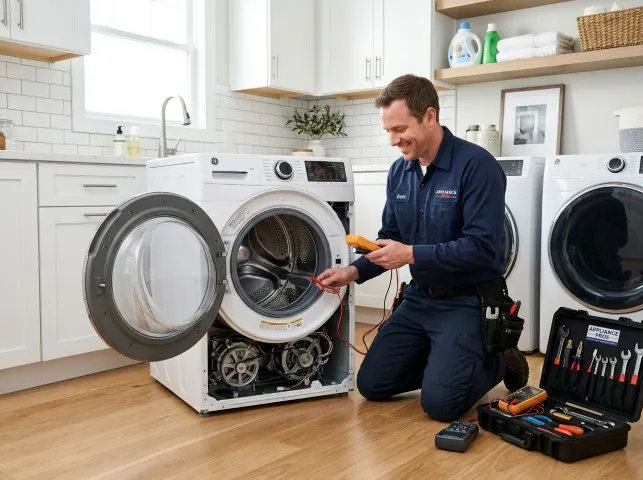 Appliance Repair Hero technician testing a front-load washer with a multimeter on a Boca Raton, FL service call